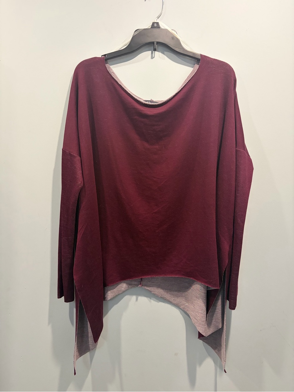 KLd Burgundy Long Sleeve Asymmetric Hem Oversized Tunic Top Size S Made in USA